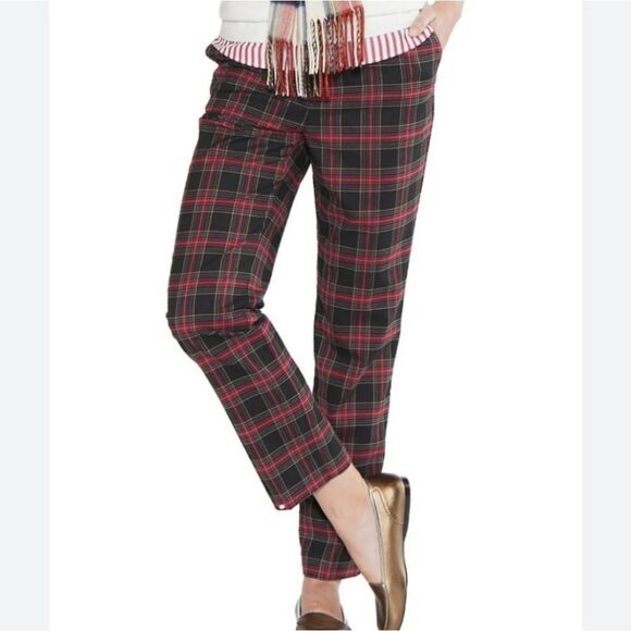 J. Crew‎ Black Cafe Capri Cropped Pants Red Green Plaid Mid Rise Women's Size 0 - Picture 1 of 11